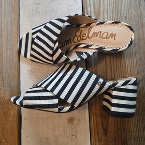 Sam Edelman Black White Stripe Fabric Block Heel Crisscross Strap Sandals Size 6